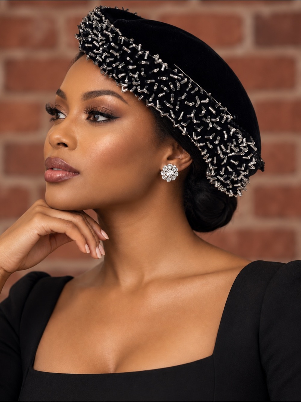 Vintage MCM Fle Chats Black Beaded Wool Felt French Cocktail Hat